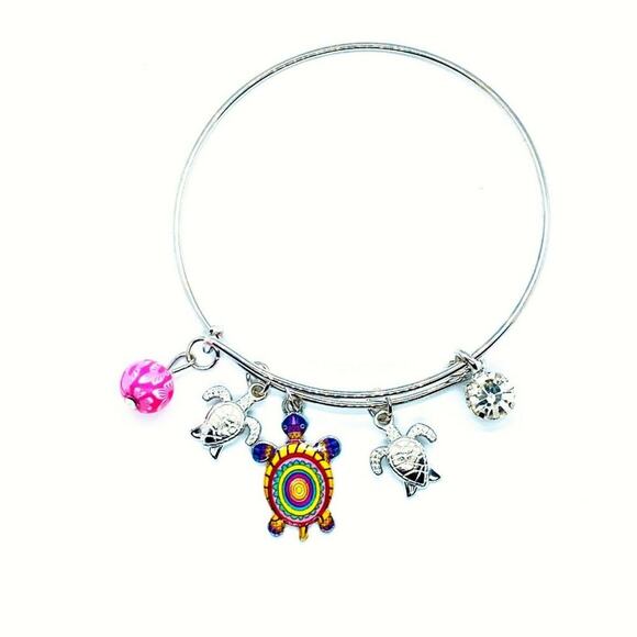 Boutique Jewelry - Beaded Sea Turtle Charm Colorful Bangle Bracelet